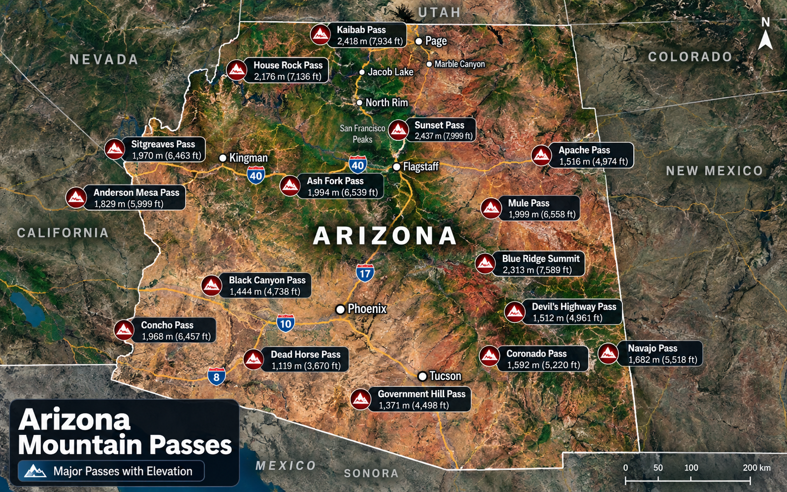 Topographical Map of Arizona Mountain Passes